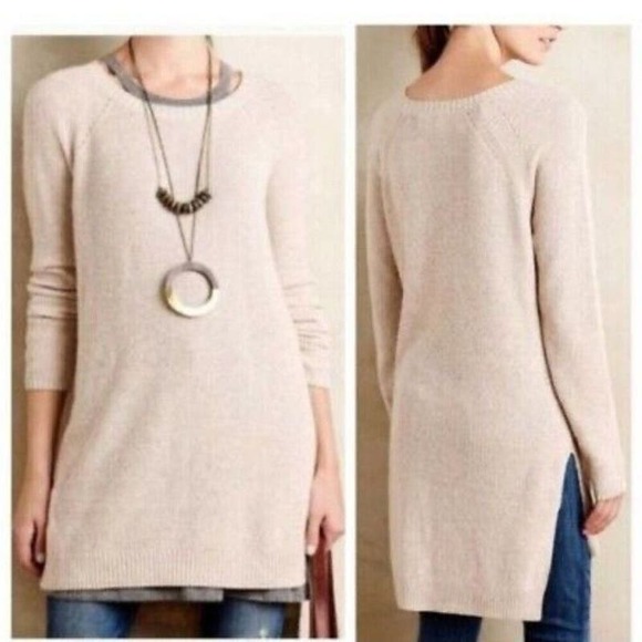 Anthropologie Moth Cotton & Cashmere Oatmeal Crew Neck Side Slit Tunic Sweater - Picture 2 of 12